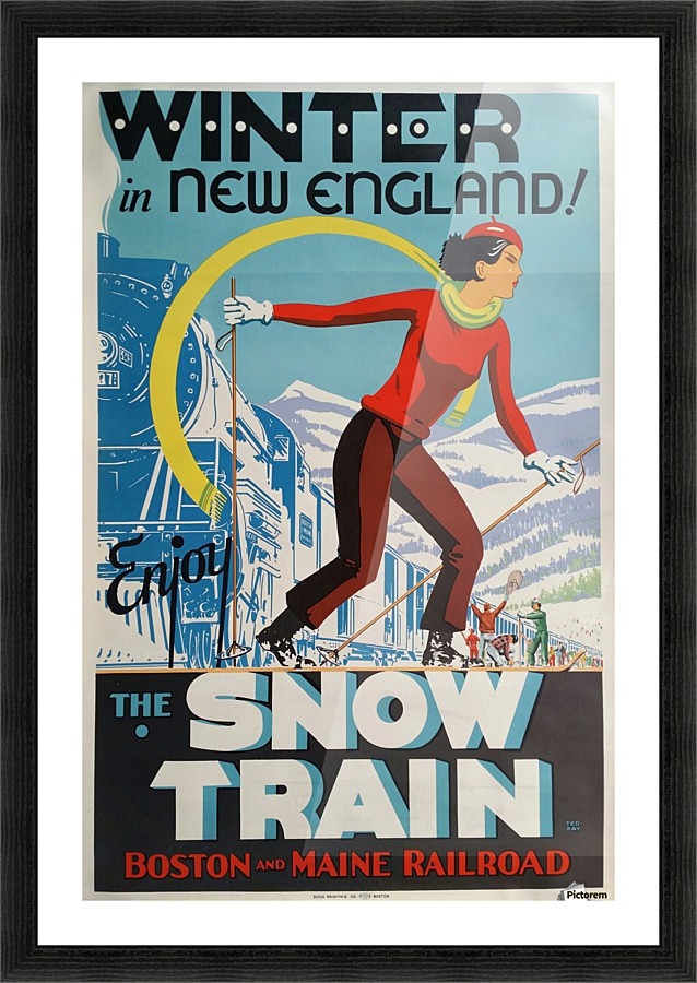 Winter in New England The snow train travel poster Picture Frame print