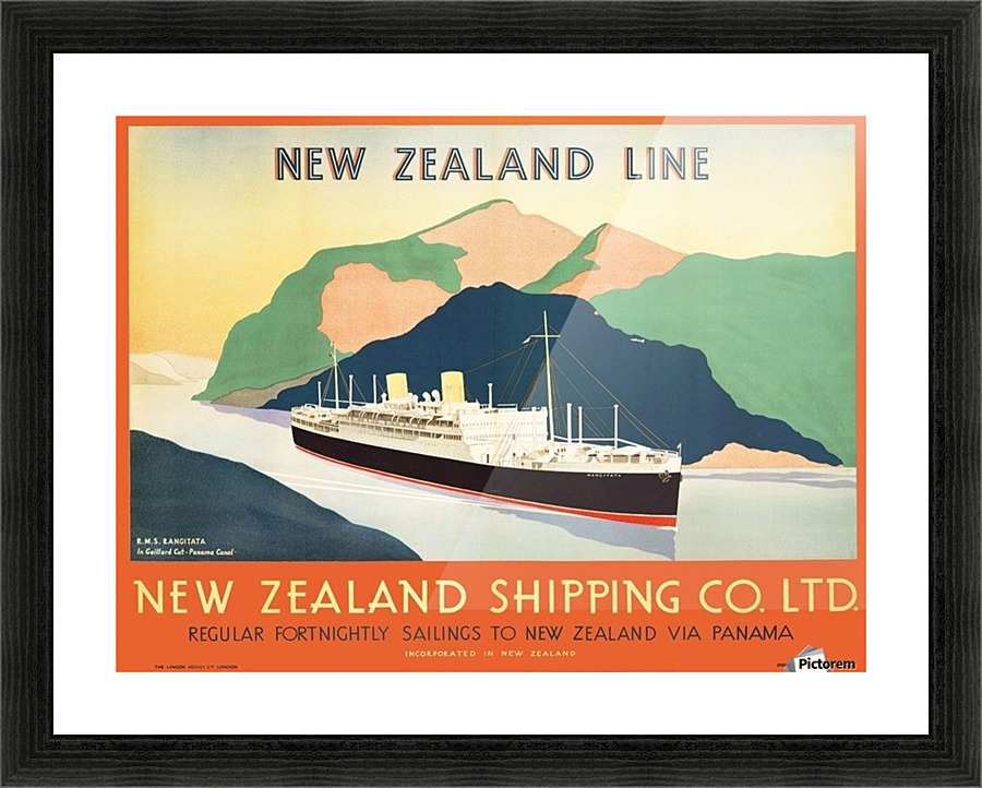 Vintage travel advert for transport to New Zealand via Panama Picture Frame print