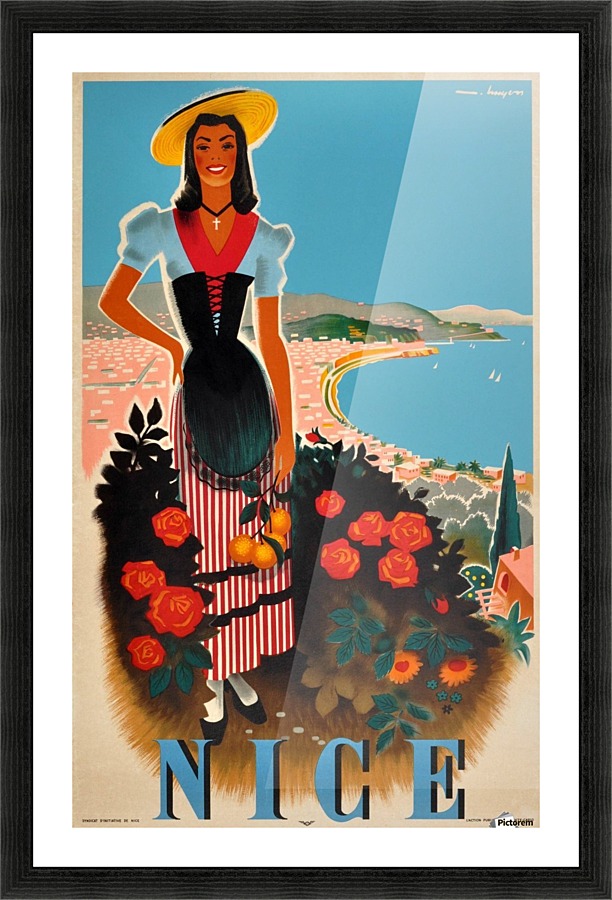 Nice, French Riviera Original Vintage 1950 Travel Poster  Framed Print Print