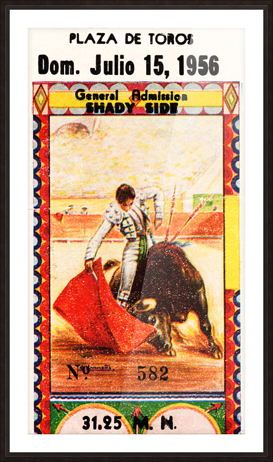 1956 Plaza De Toros Bull Fighting Ticket Stub Picture Frame print