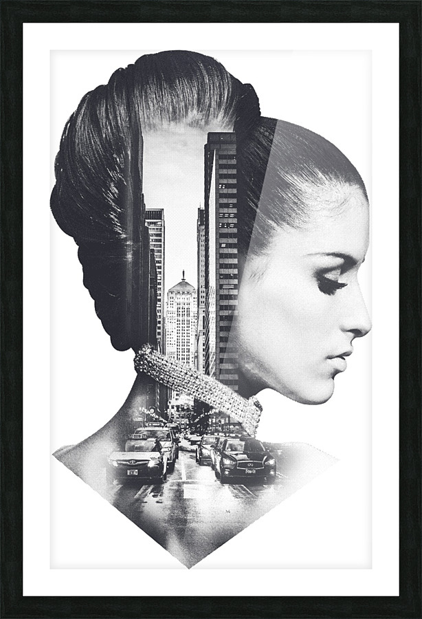 Double Exposure of a Woman and a City Street Picture Frame print