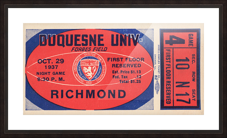 1937 Duquesne Duke vs. Richmond Spiders Ticket Stub Print Picture Frame print