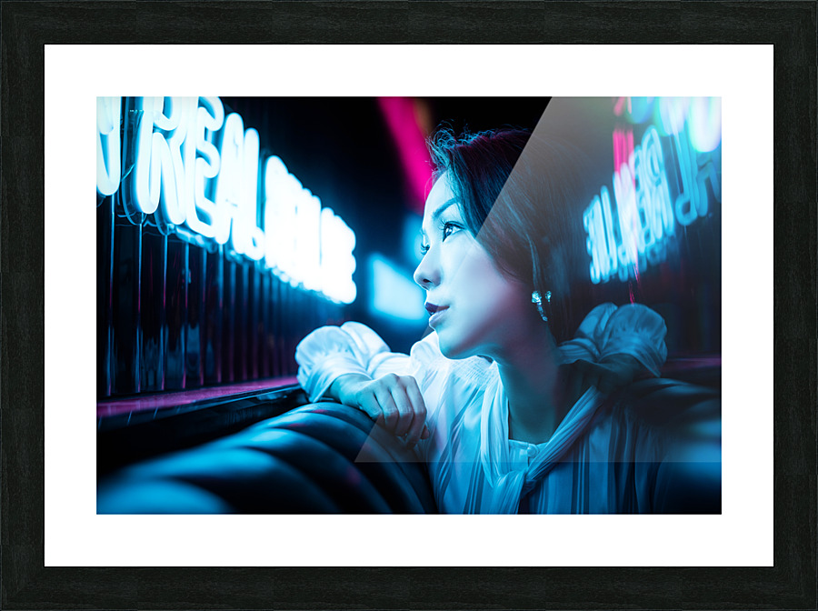 Young Chinese woman portrait with neon lights Picture Frame print