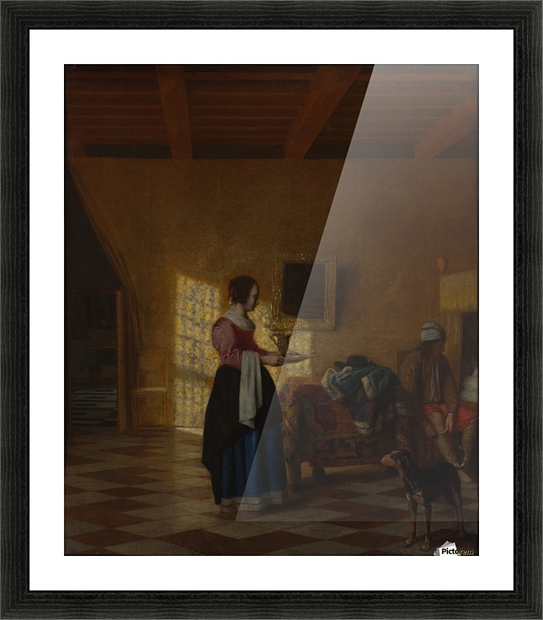Woman with a water pitcher and a man by a bed Picture Frame print