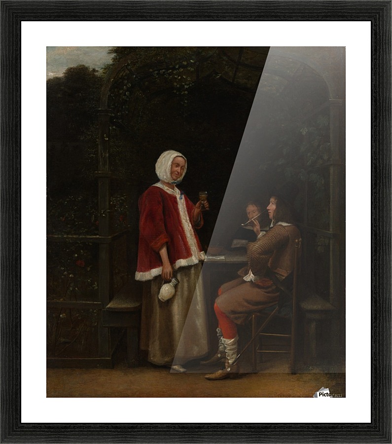A woman and two men in an arbor Picture Frame print