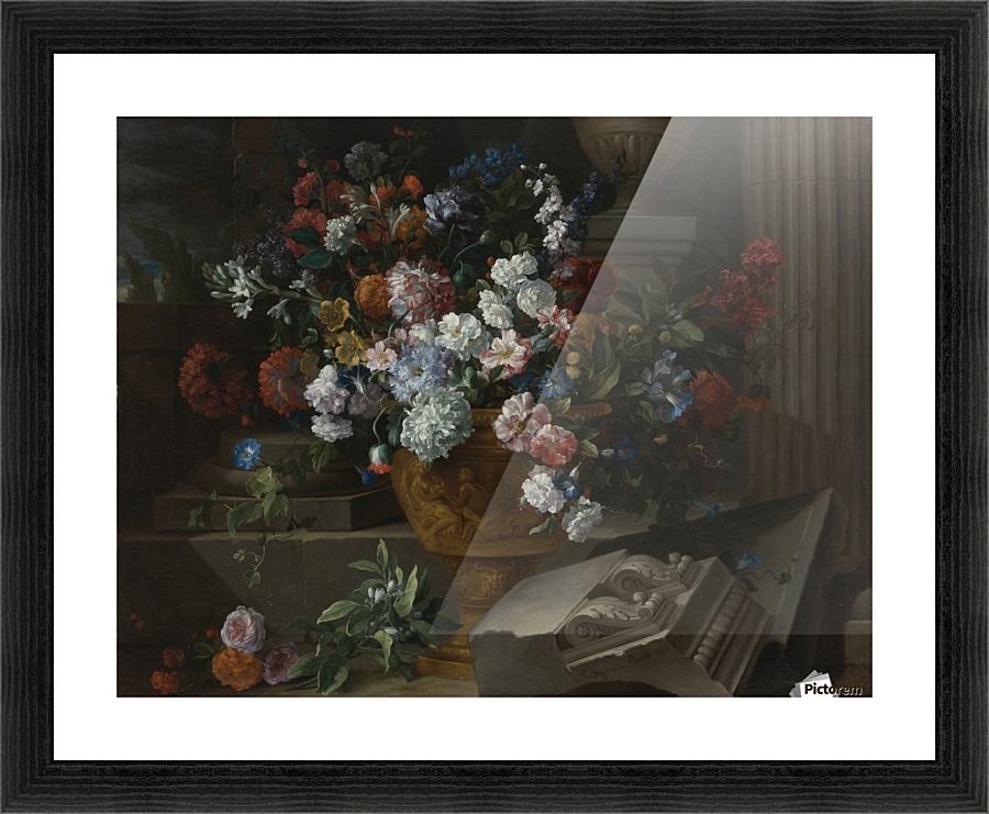 Still life with flowers in a sculpted urn with architectural fragments on a terrace Picture Frame print