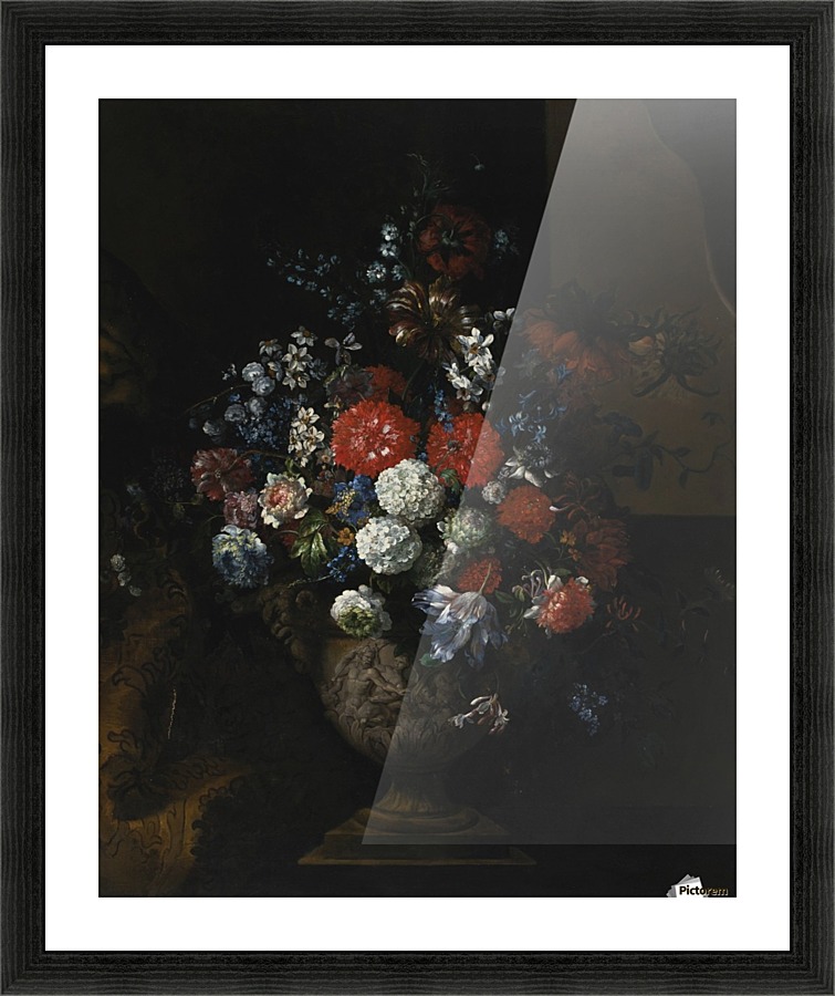 Still life of flowers, including tulips, roses, poppies and viburnum in a sculpted urn,resting on a stone plinth Picture Frame print