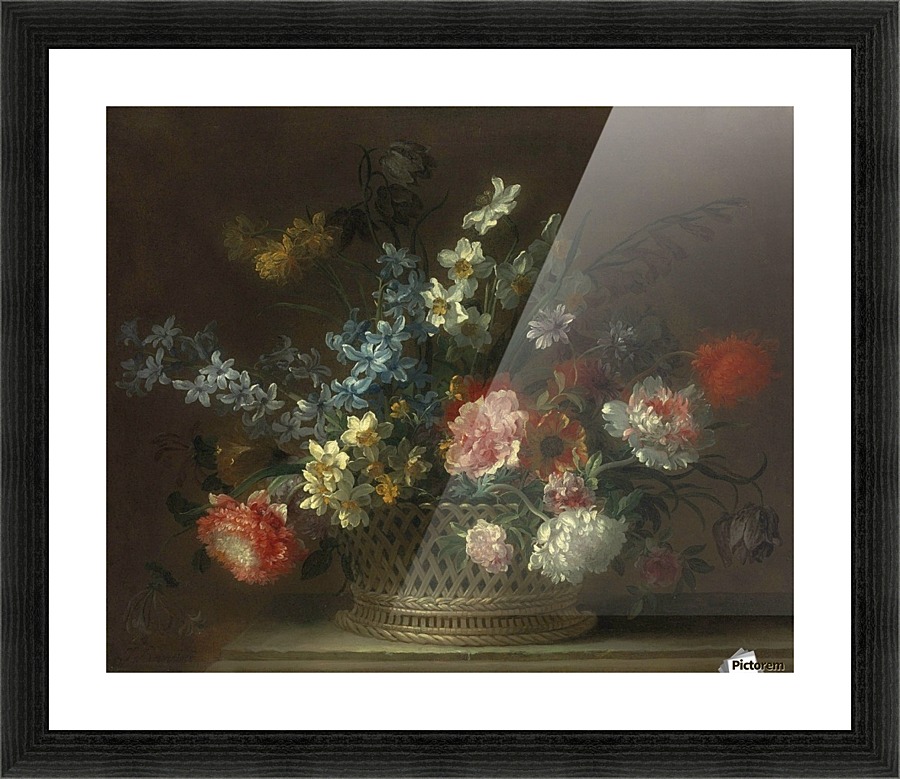 Roses, daffodils, hyacinths, anemones, fritillaries and other flowers in a woven basket Picture Frame print