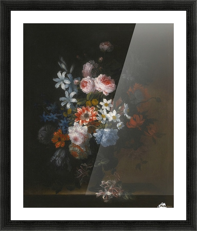 Still life of roses, honeysuckle, lillies, chrysanthemums, narcissi and other flowers in a vase Picture Frame print