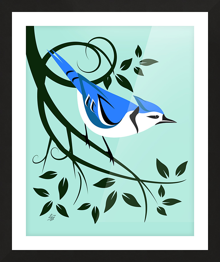 Stylized Blue Jay On Branch Picture Frame print