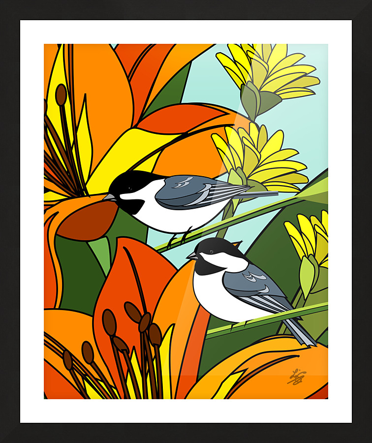Black Capped chickadees With Orange Lily Flowers Picture Frame print