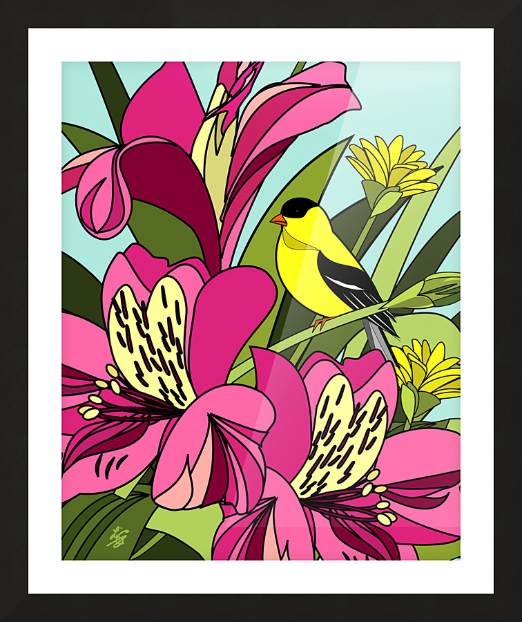 American Goldfinch and Alstroemeria Flowers Picture Frame print