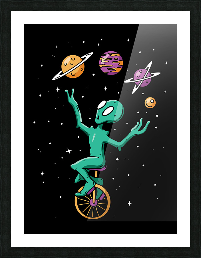 Planet Juggling Alien Riding A Unicycle Picture Frame print