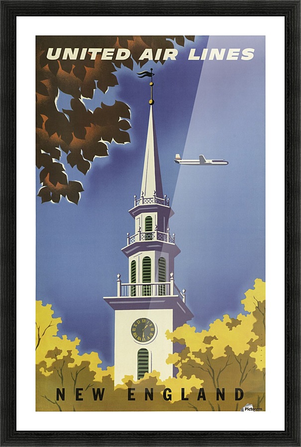 United Airlines New England Vintage Travel Poster Picture Frame print