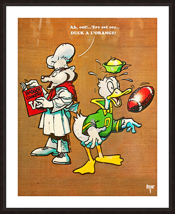 Bucky Badger and Oregon Duck Cartoon Art Picture Frame print