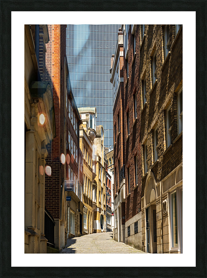 Lovat Lane in the City of London with skyscrapers filling sky Picture Frame print