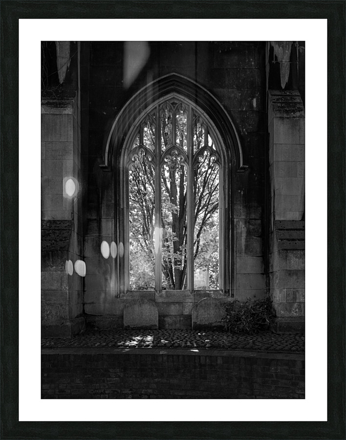 Monochrome view of the empty windows of St Dunstan church  Framed Print Print