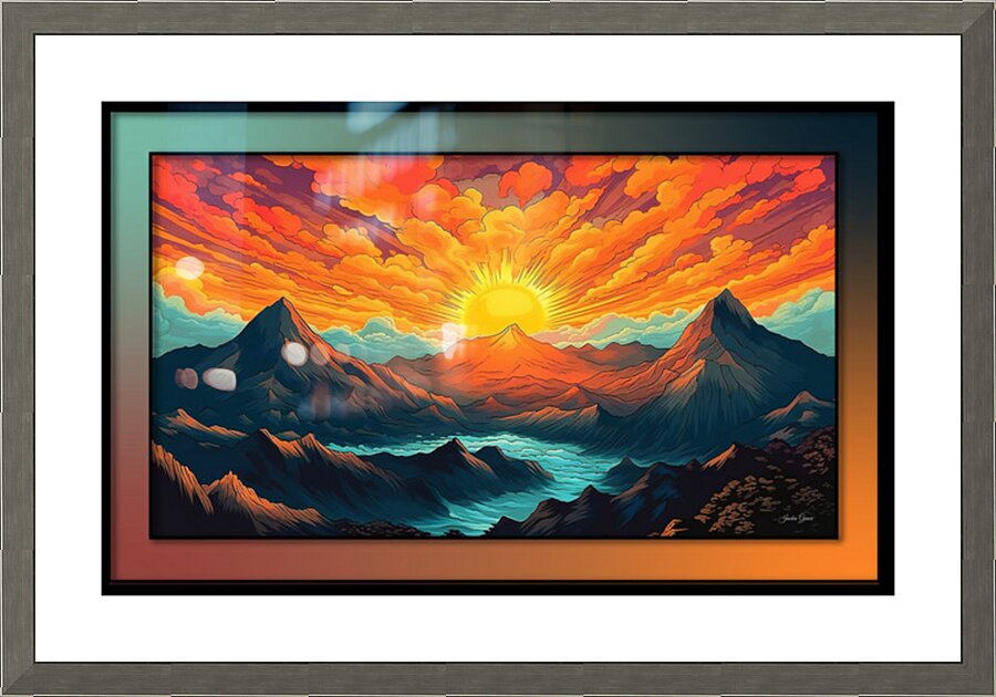 Sunset River Cartoon Picture Frame print