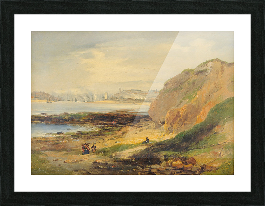 Landscape with boats near a distant city Picture Frame print
