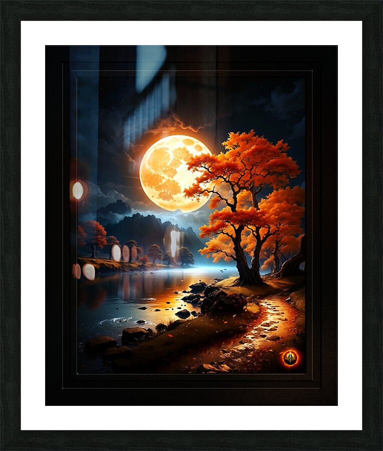 The Enchanted Realm Of The Orange Moon Captivating AI Concept Art by Xzendor7 Picture Frame print