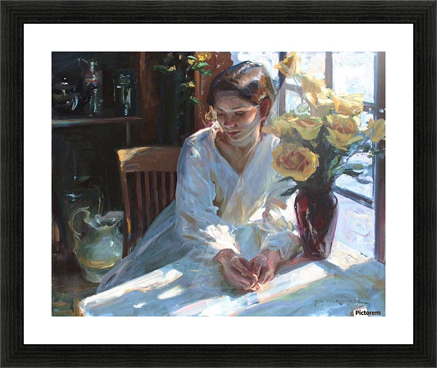 A woman in a white dress Picture Frame print