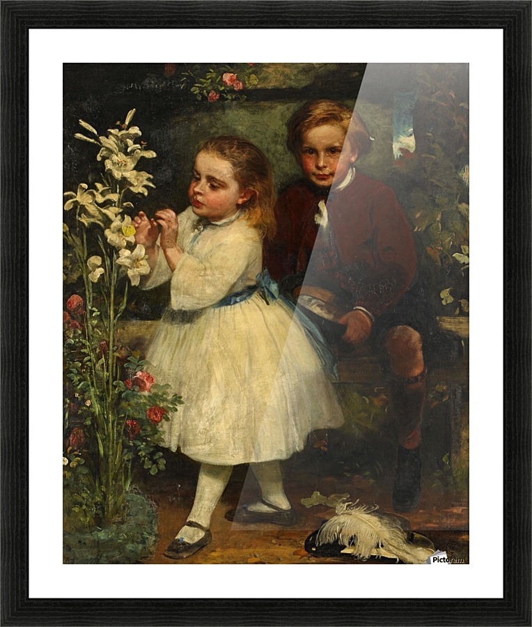Two children and a white flower Picture Frame print