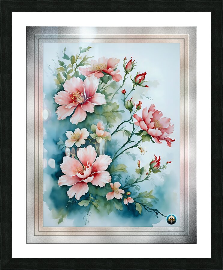 Blossoms Of The Sun Japanese Style Watercolor Floral Art Print AI Concept Art by Xzendor7 Picture Frame print
