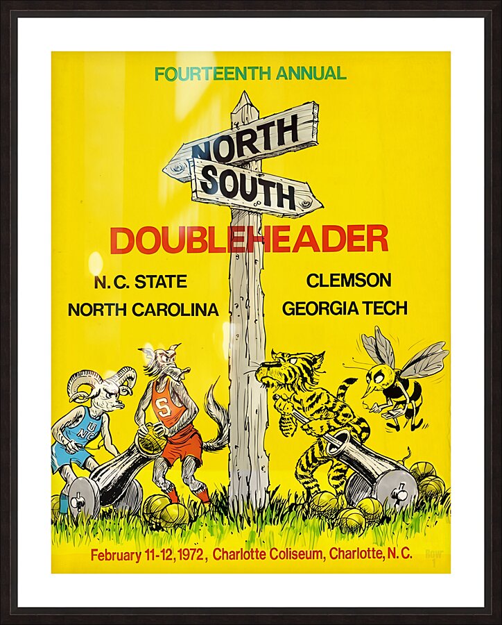 1972 College Basketball Doubleheader Cartoon Art Picture Frame print