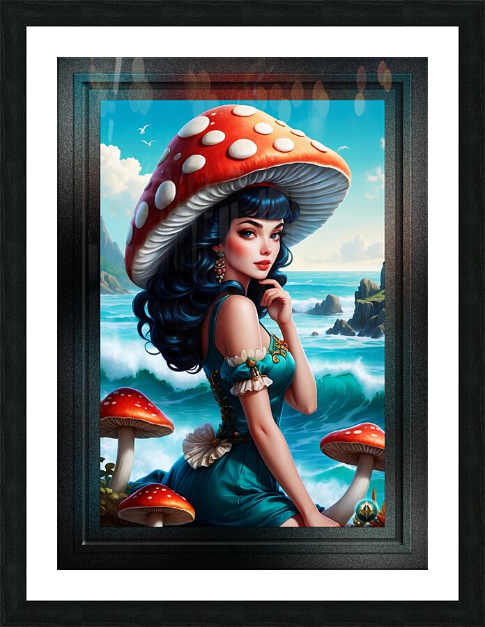 A Beautiful Pin Up Girl By Seas Shore With Her Mushroom Hat AI Concept Art by Xzendor7  Framed Print Print