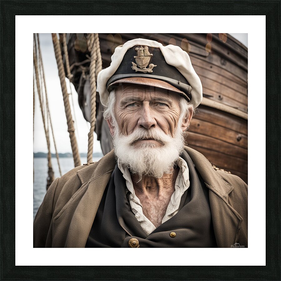 Old sailing ship captain face weathered with old wooden sailing ship in background  Picture Frame print