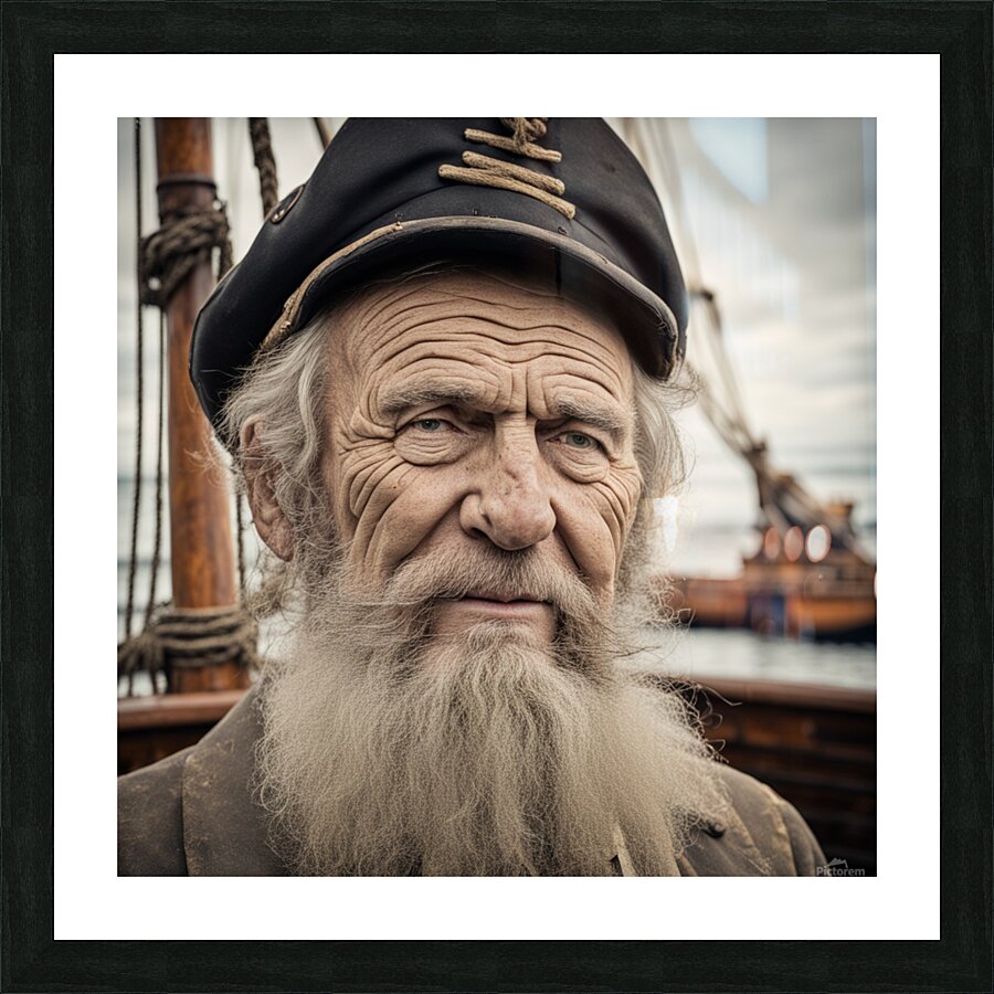 Old sailing ship captain face weathered with old wooden sailing ship in background  Picture Frame print