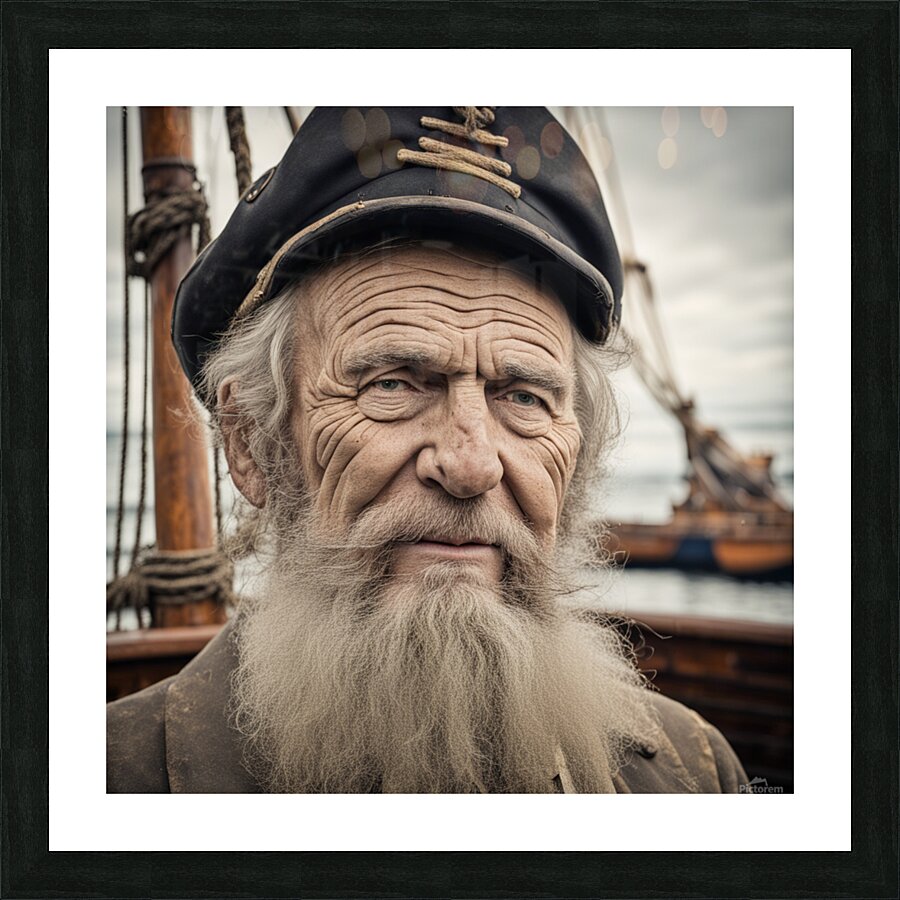 Old sailing ship captain face weathered with old wooden sailing ship in background  Picture Frame print