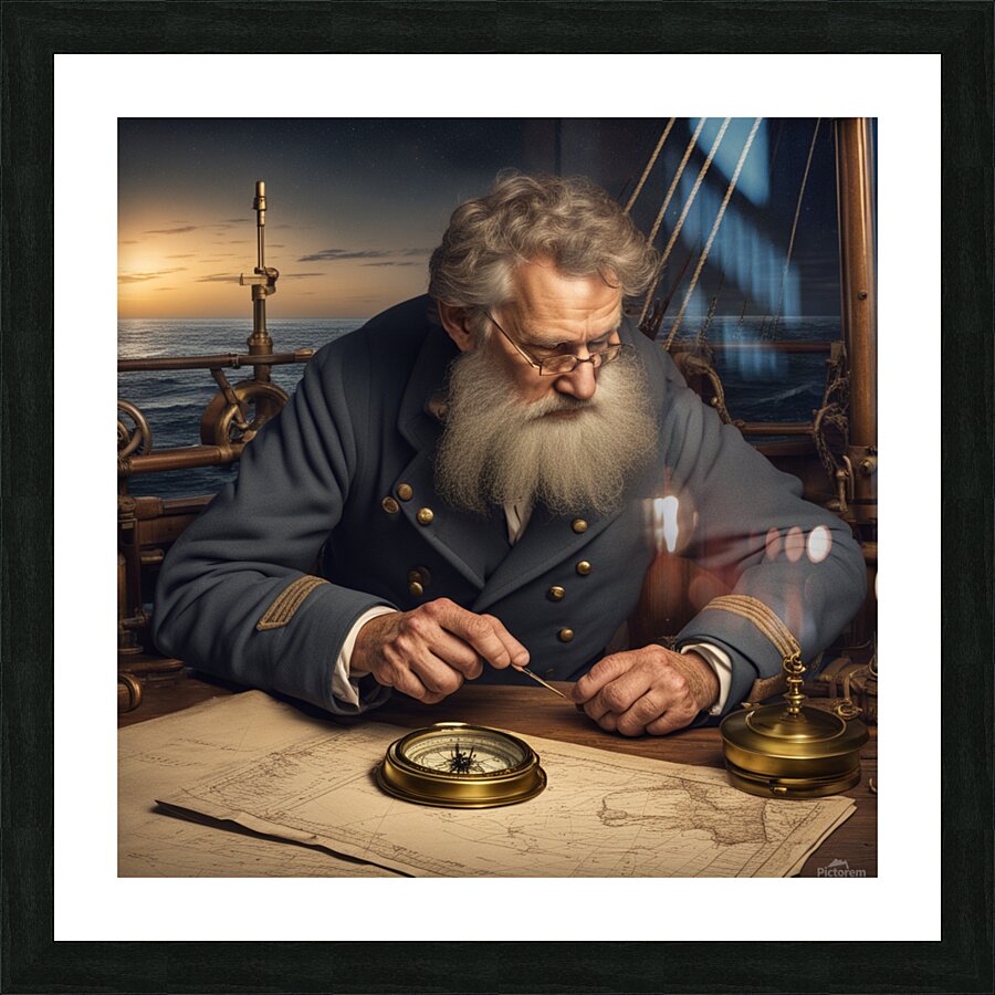 Old sailing ship captain looking at his old brass compass night time with ruff ocean behind him Picture Frame print