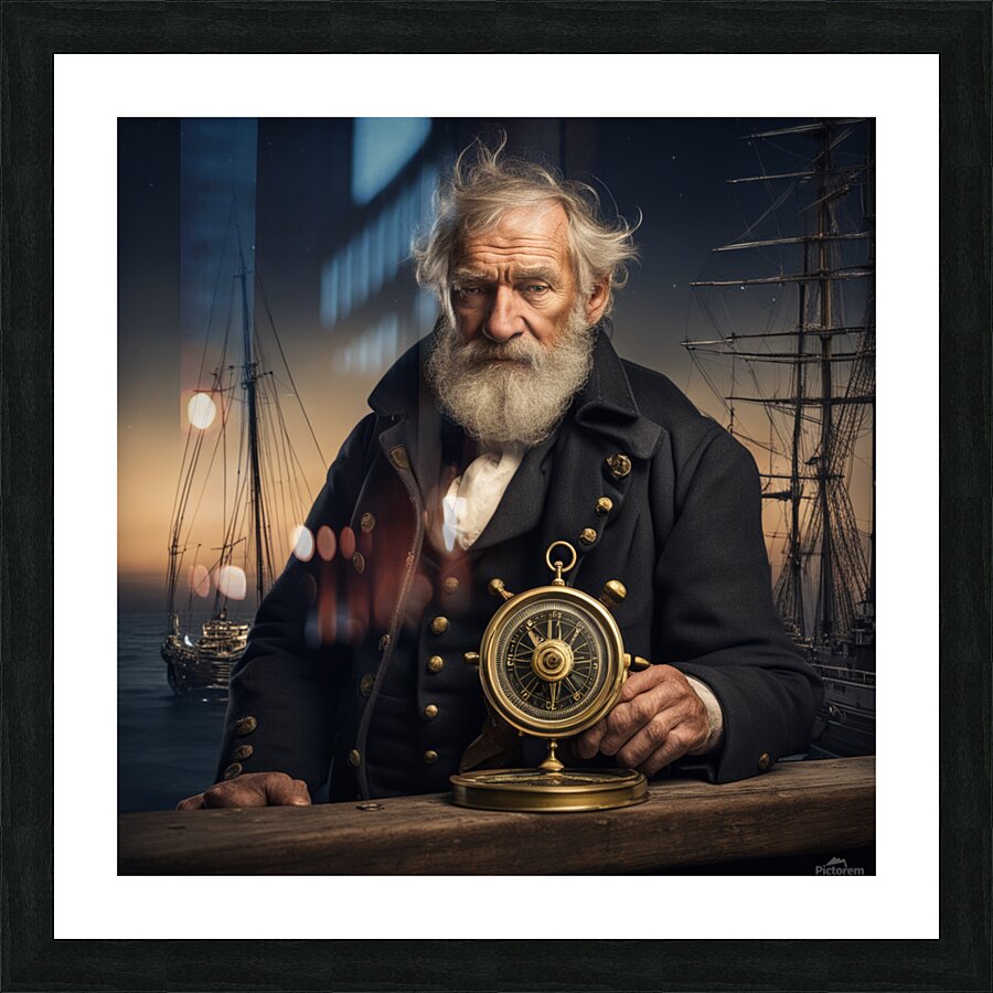 Old sailing ship captain weathered face looking at his old brass compass night time with ruff sea behind him Picture Frame print