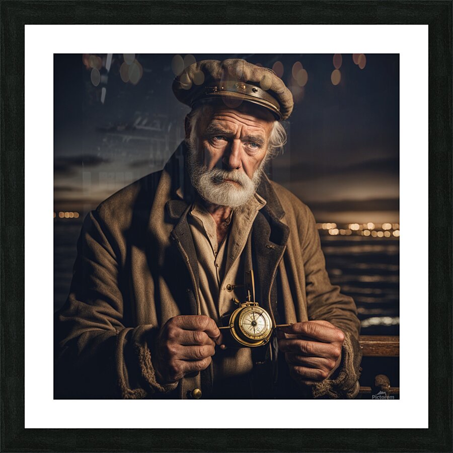 Old sailing ship captain weathered face looking at his old brass compass night time with ruff sea behind him Picture Frame print