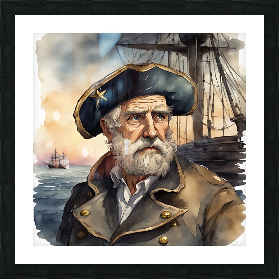 Old sailing ship captain weathered face looking at his old brass compass night time with ruff sea behind him Watercolor style Picture Frame print