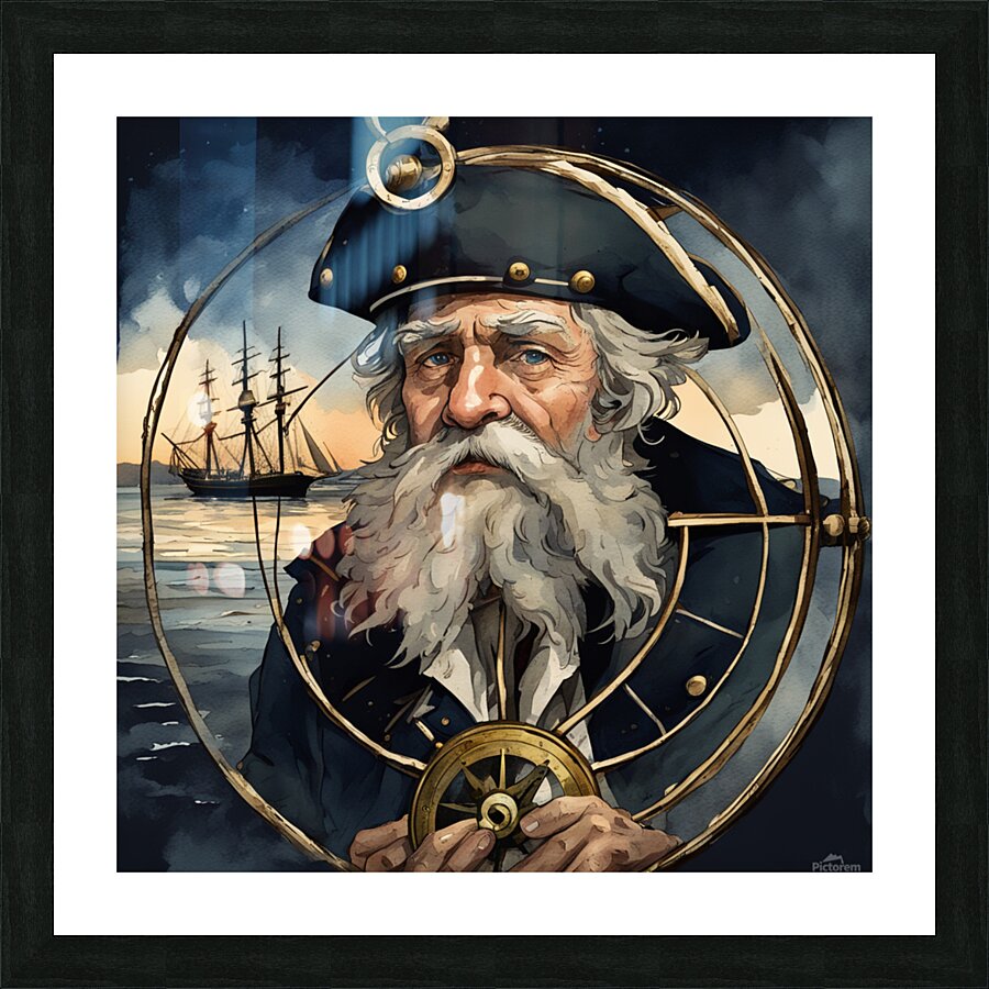 Old sailing ship captain weathered face looking at his old brass compass night time with ruff sea behind him Watercolor style Picture Frame print