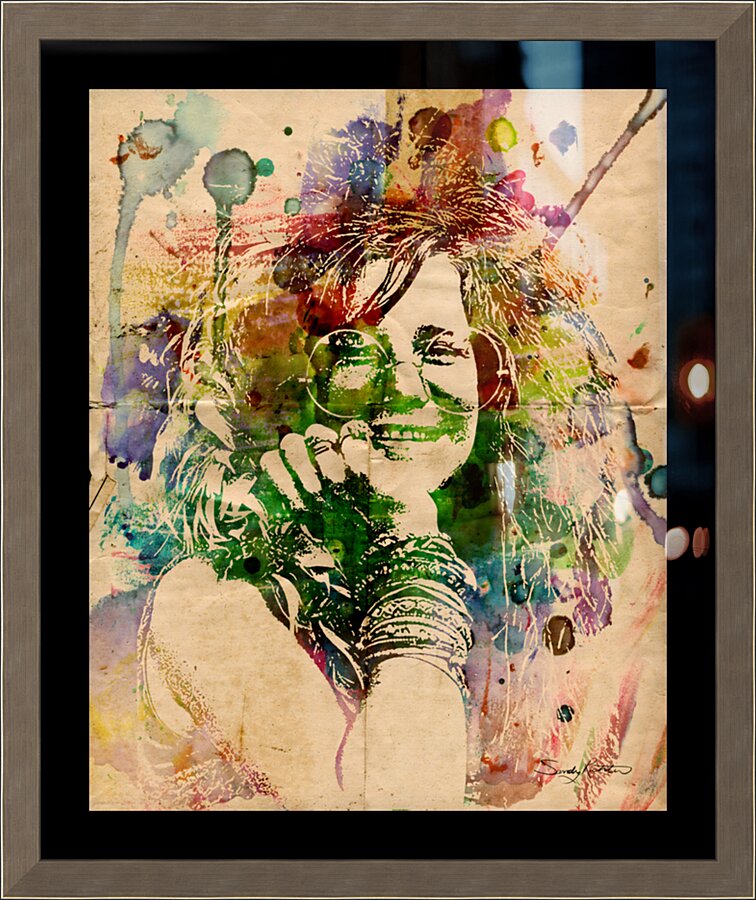 Bohemian Watercolor Portrait of Janis Joplin - Retro Psychedelic Art with Vintage Texture Picture Frame print