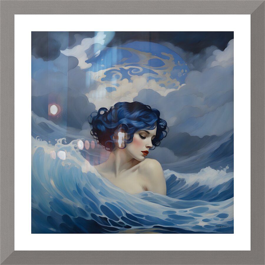 Mystical Ocean Goddess with Blue Hair in Surreal Dreamlike Wave Art Picture Frame print