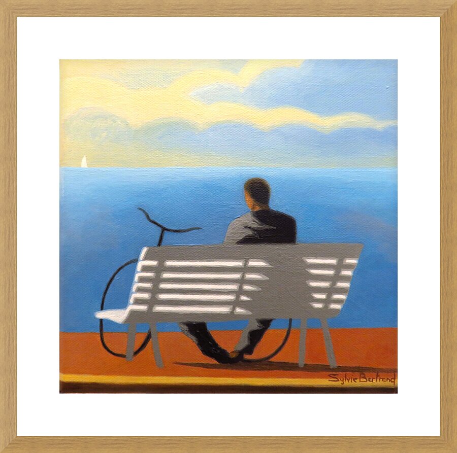 REVERIE DEVANT LA MER HOMME AU VELO - REVERIE IN FRONT OF THE SEA MAN WITH BICYCLE  Impression encadrée
