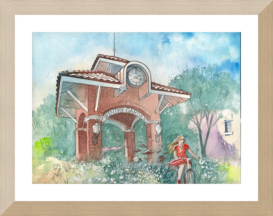Winter Garden Clock Tower - A young girl riding a bicycle Picture Frame print