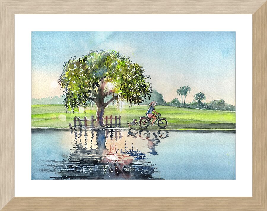 Celebration Florida - The young girl her bicycle and her dog Picture Frame print