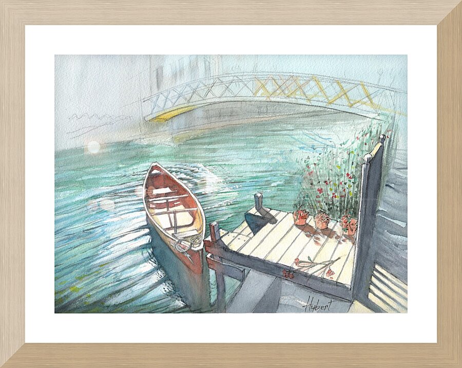 A small boat moored to a pontoon  Framed Print Print