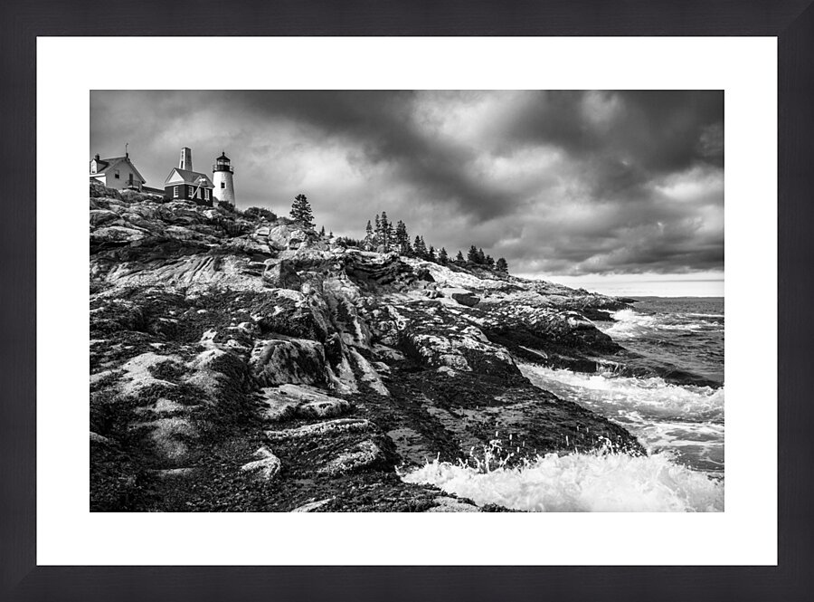 Rocky Shoreline by Pemaquid Lighthouse at Low Tide in Maine - B&W Picture Frame print