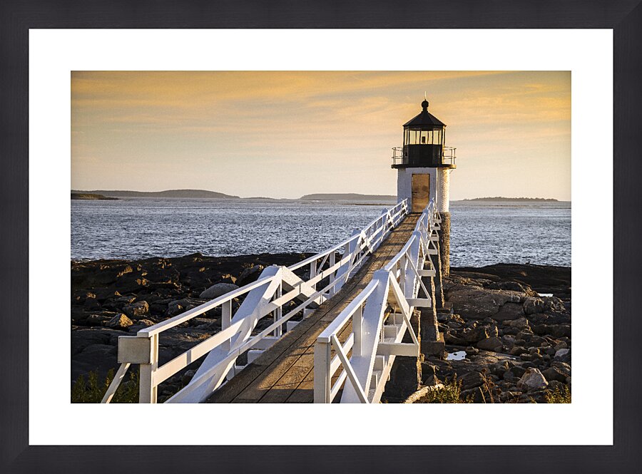 Wooden Walkway to Marshall Point Lighthouse as Sun Sets in Maine Picture Frame print