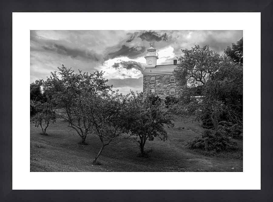 Great Captain Island Lighthouse on Hilltop Among Trees in Connecticut - B&W Picture Frame print