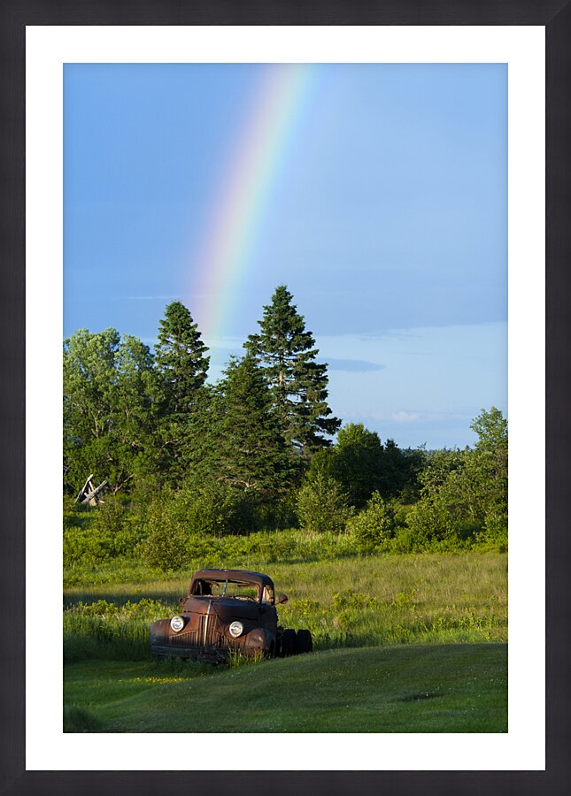 Rainbow by Old Truck in Field in Northern Maine Picture Frame print