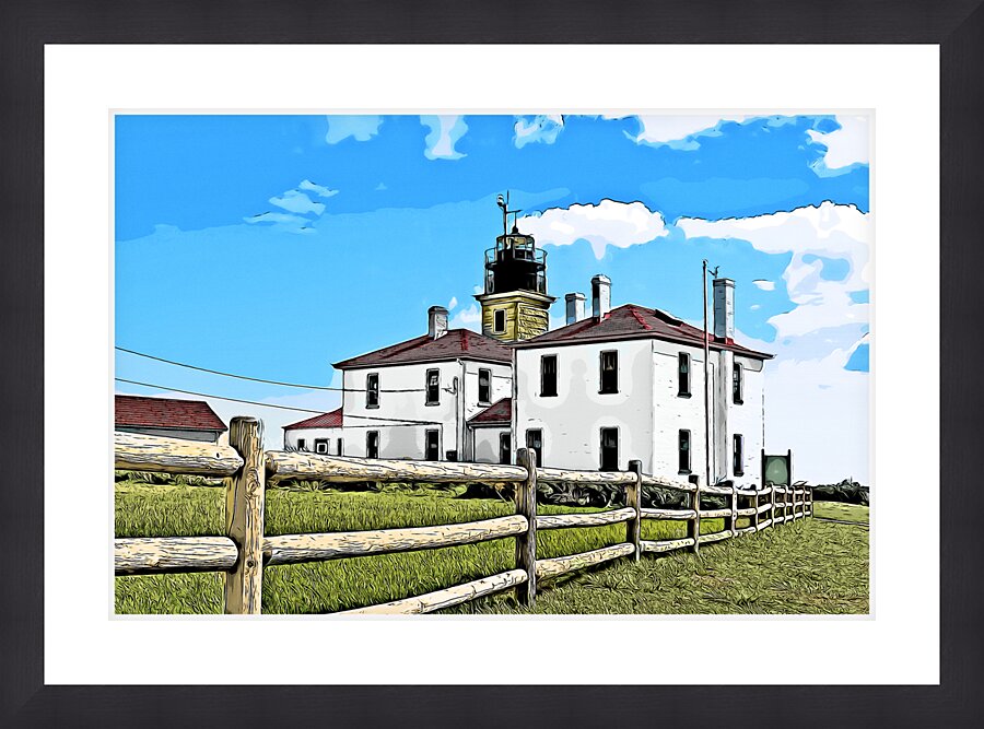 Wooden Fence Leads to Beavertail Lighthouse Museum and Tower in Rhode Island - Illus. Picture Frame print