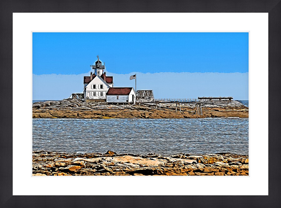 Cuckolds Lighthouse Off Rock Shore in Boothbay Region in Maine - Illus. Picture Frame print