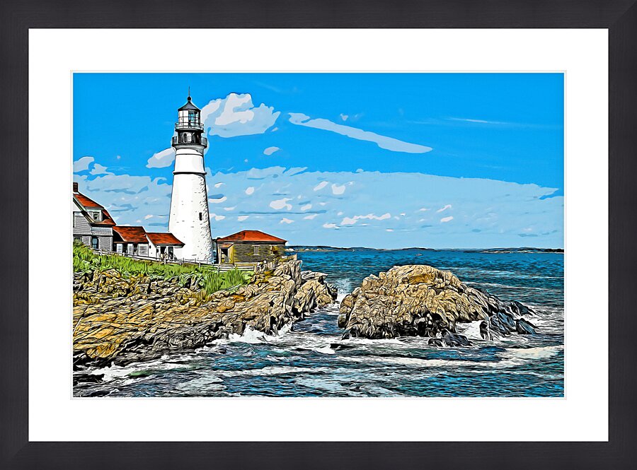 Portland Head Lighthouse At High Tide in Maine - Illus. Picture Frame print